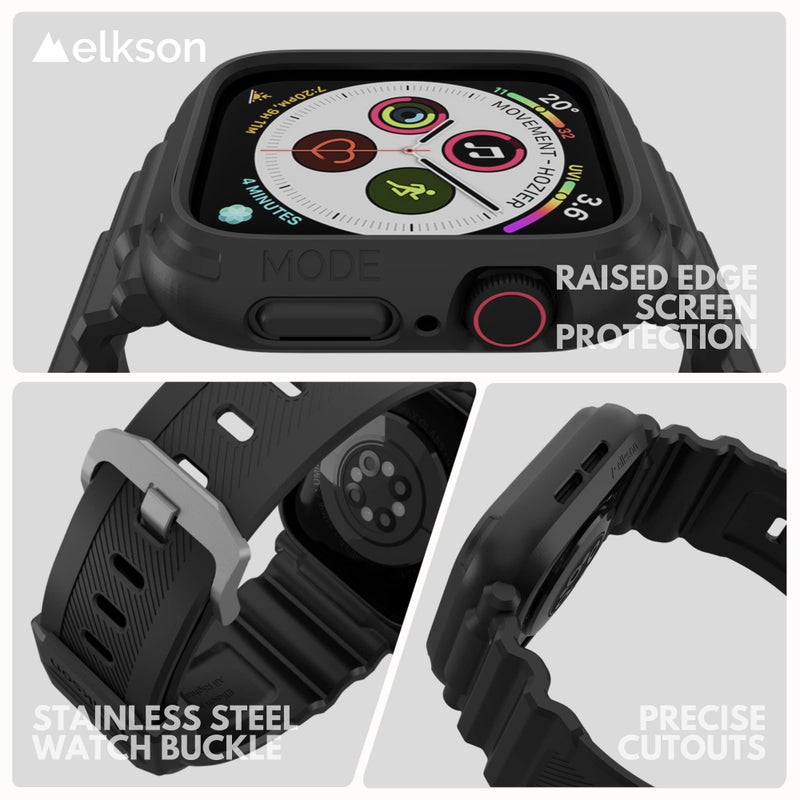 Elkson Designed for Apple Watch Series SE3 9/8/7/6/5/4 [45/44mm], Quattro Pro Series Rugged Military Grade Protective Bumper Case with Strap Bands for iWatch, Stealth Black - Image 5